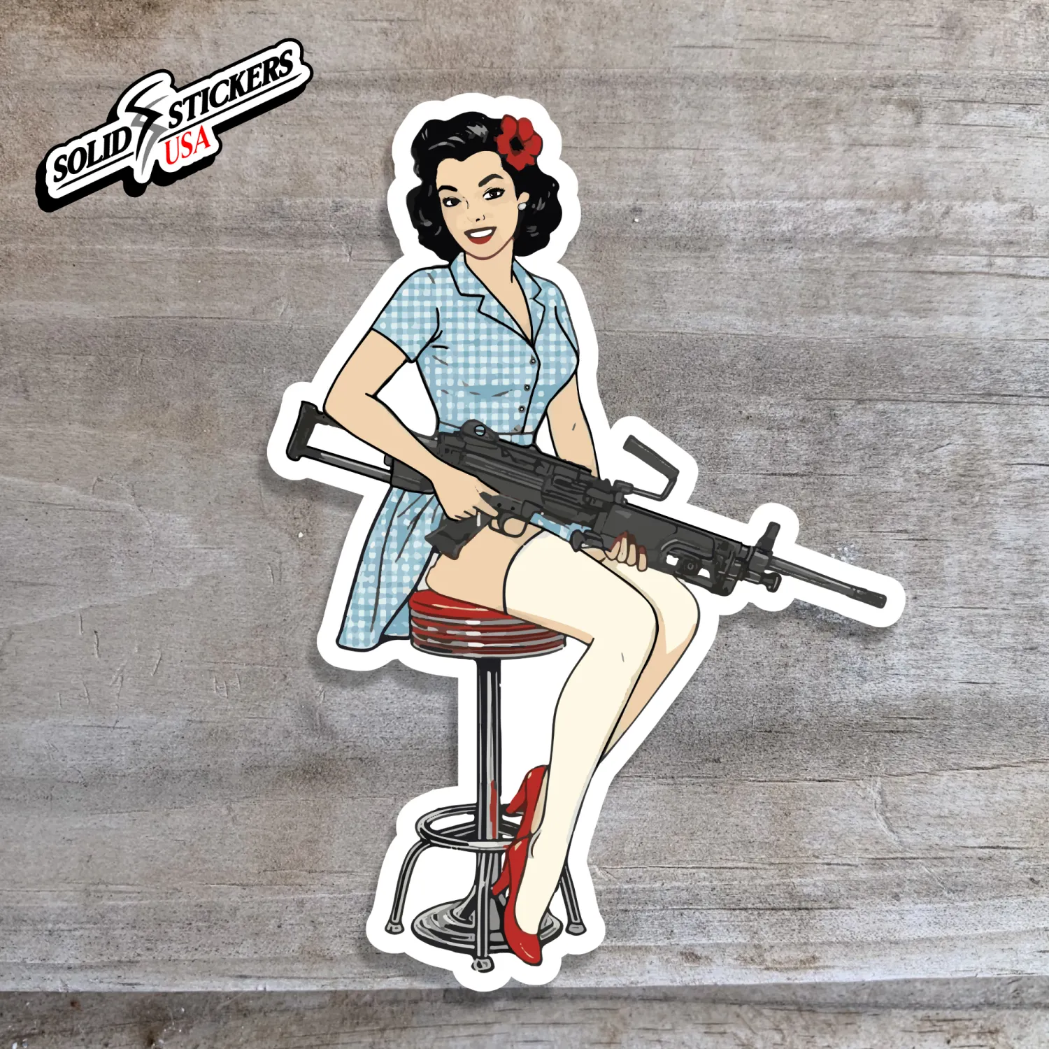 SAW Machine Gun Pinup Girl Vinyl Sticker