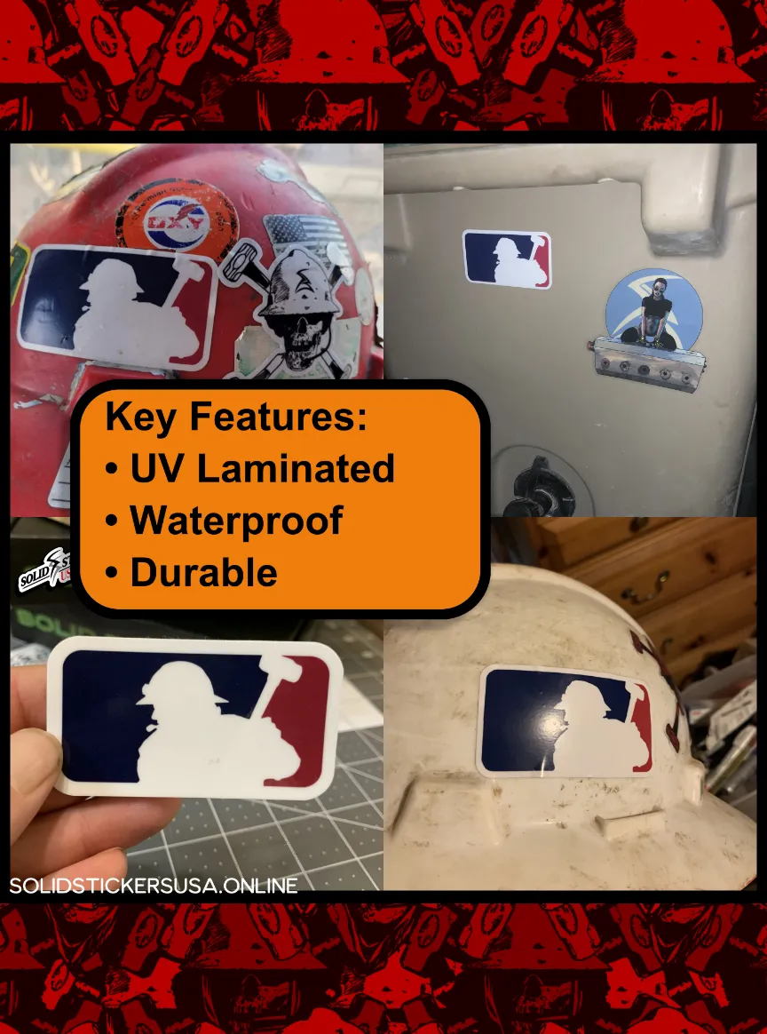 Four-panel collage showing Major League Frac UV laminated waterproof durable vinyl stickers applied to a hard hat, and cooler