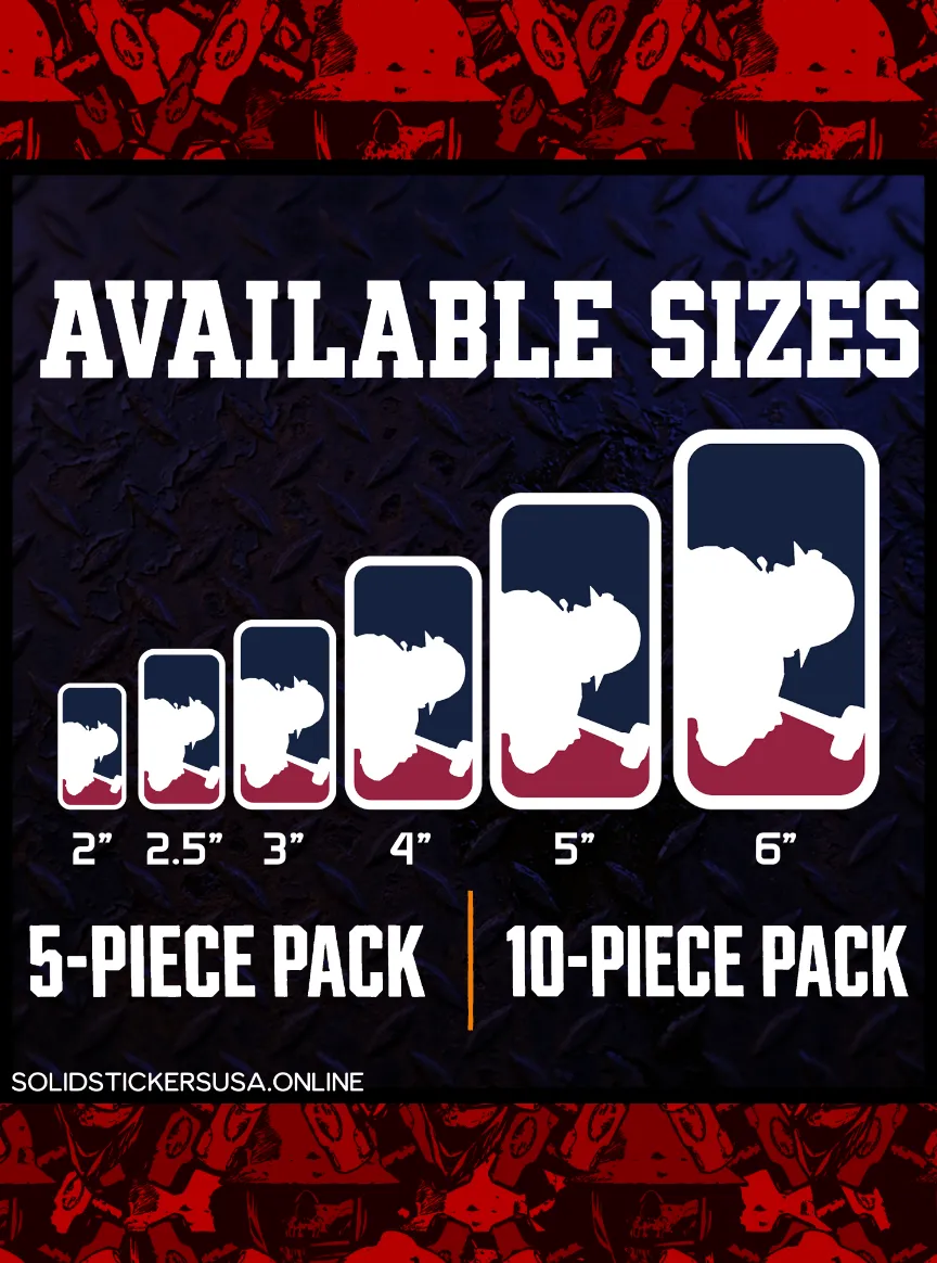 Available sizes chart for Major League Frac vinyl stickers ranging from 2 inch to 6 inch, with 5-piece and 10-piece packs