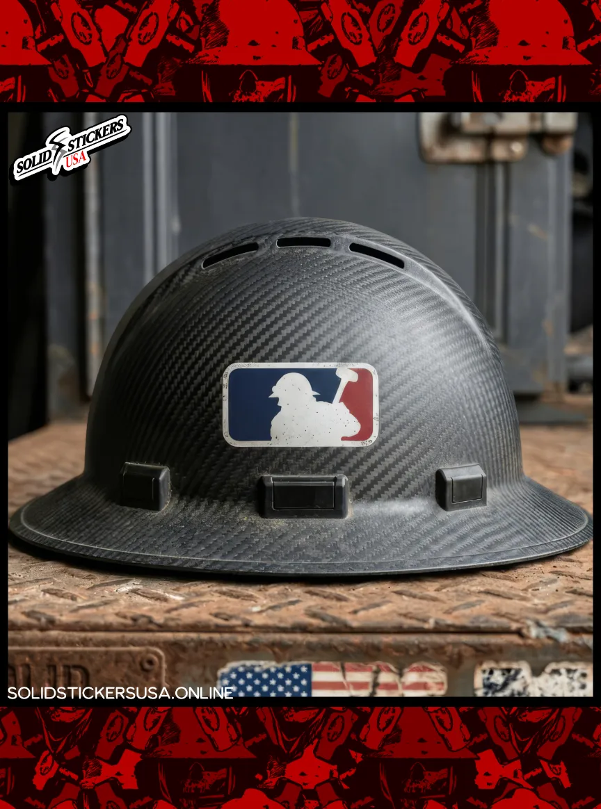 Major League Frac roughneck vinyl sticker applied to black carbon fiber full-brim hard hat resting on diamond plate steel 