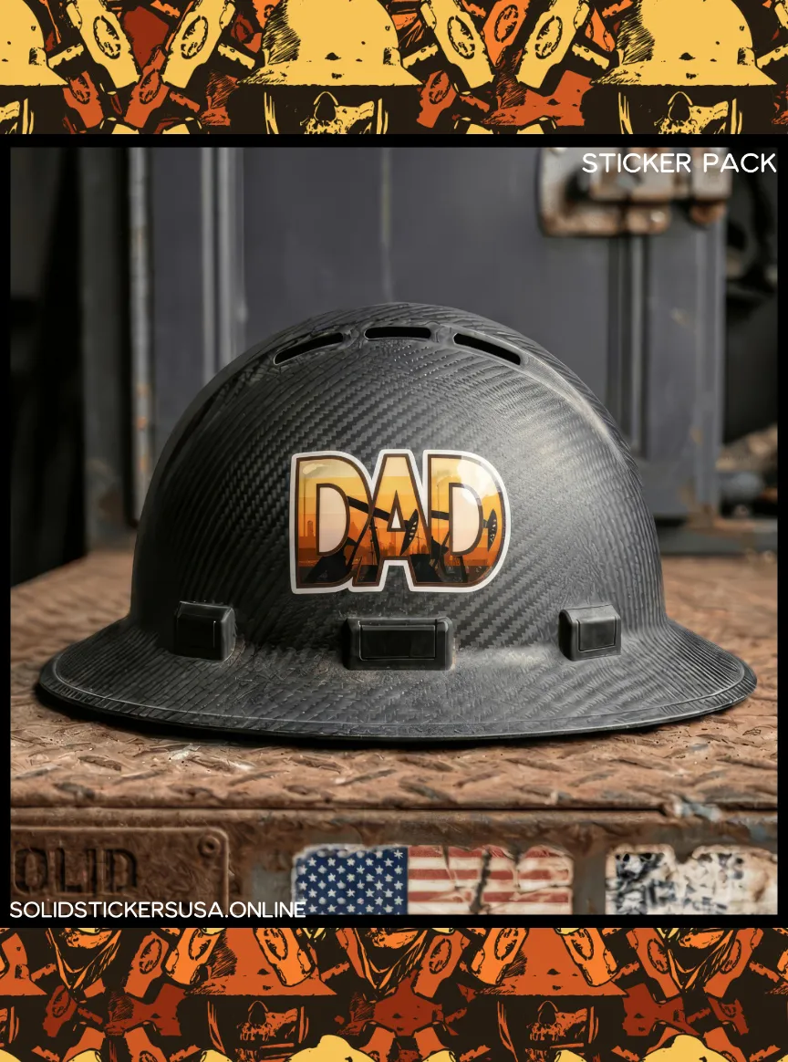 Oilfield Dad pumpjack vinyl sticker applied to black carbon fiber full-brim hard hat resting on diamond plate steel 