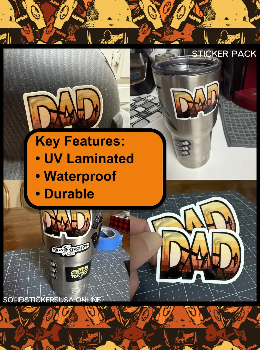 Four-panel collage of Oilfield Dad vinyl stickers showing UV laminated waterproof durable decals applied to tumblers
