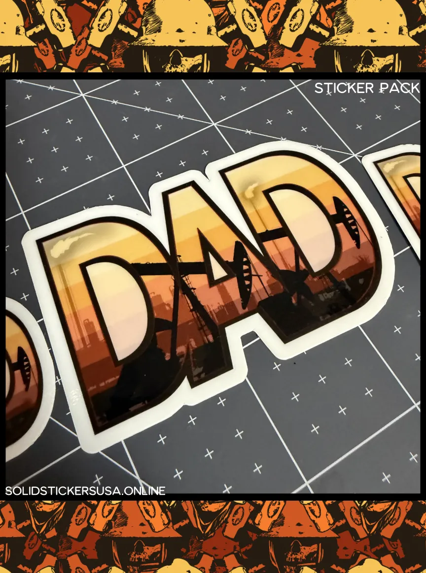 Close-up of Oilfield Dad vinyl sticker featuring bold DAD lettering with pumpjack silhouette and golden sunset gradient.
