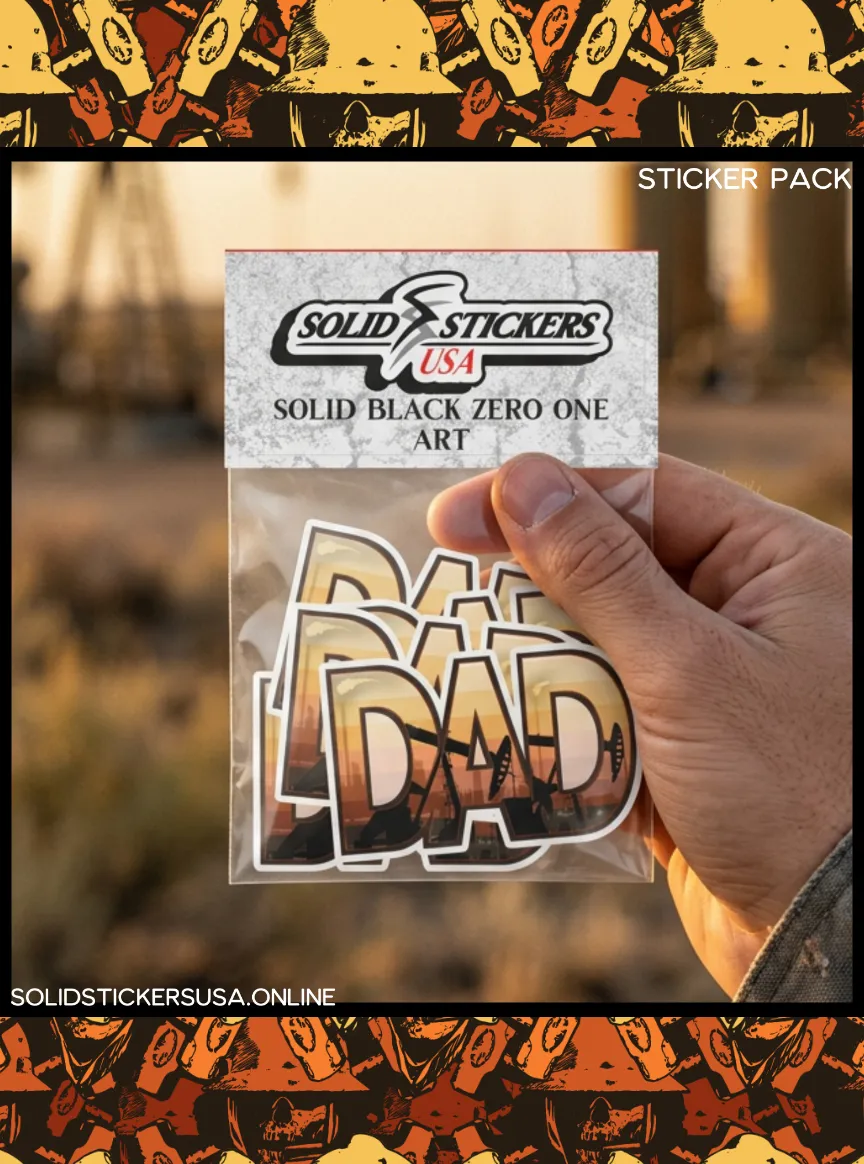 Oilfield Dad pumpjack vinyl sticker pack in Solid Stickers USA branded packaging held by hand with real oilfield sunset