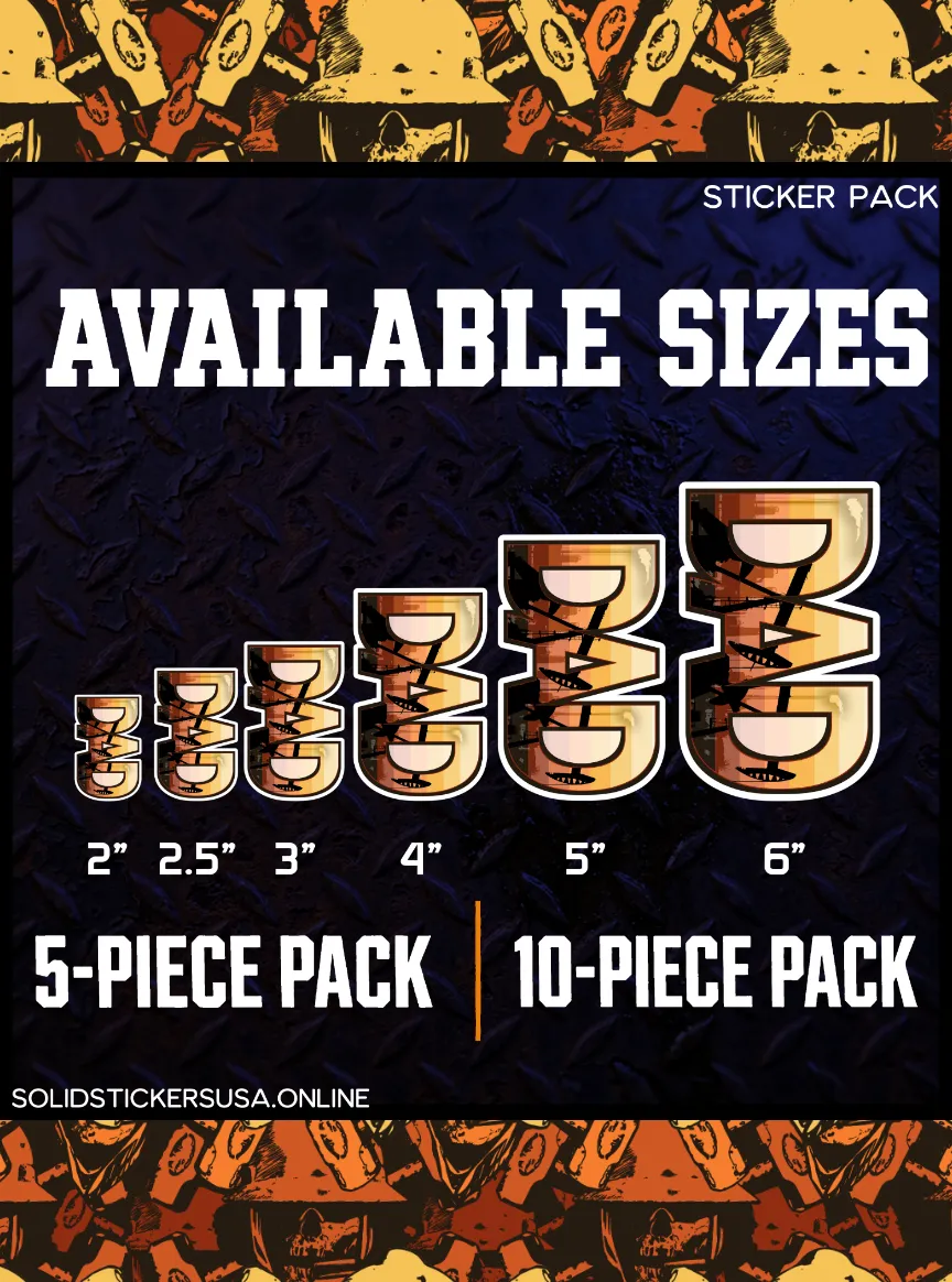 Available sizes chart for Oilfield Dad pumpjack vinyl sticker showing six sizes from 2 inch to 6 inch with 5-piece and 10