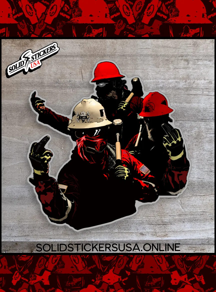 Vinyl Sticker featuring three frac workers with sledge hammers, dressed in red FR’s and flipping the bird.