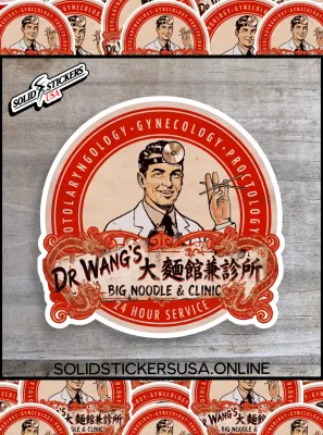 Dr Wang’s Big Noodle &amp; Clinic Funny sticker on wooden surface.