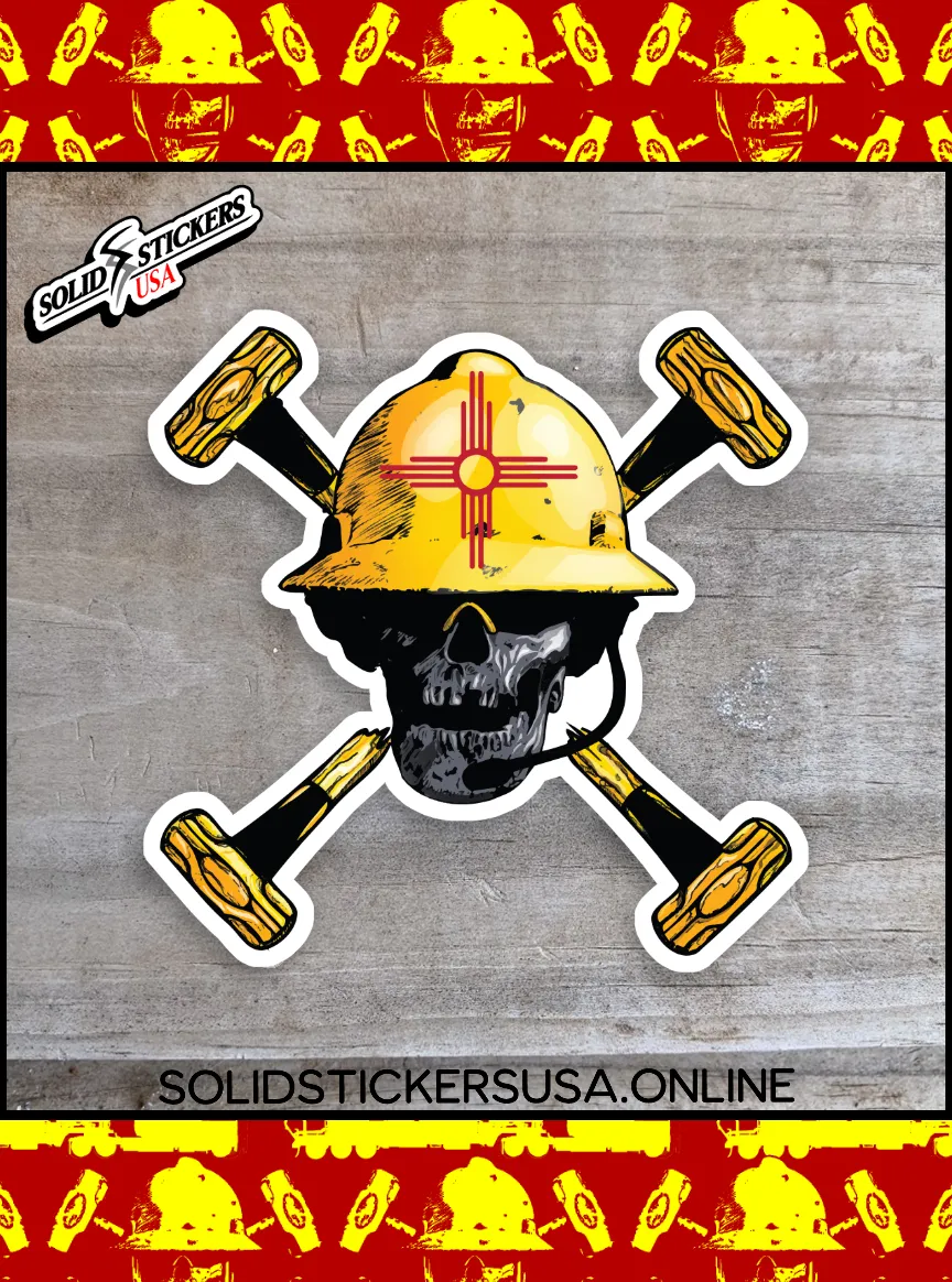 New Mexico Flag Skull &amp; Hammers sticker on a wooden surface