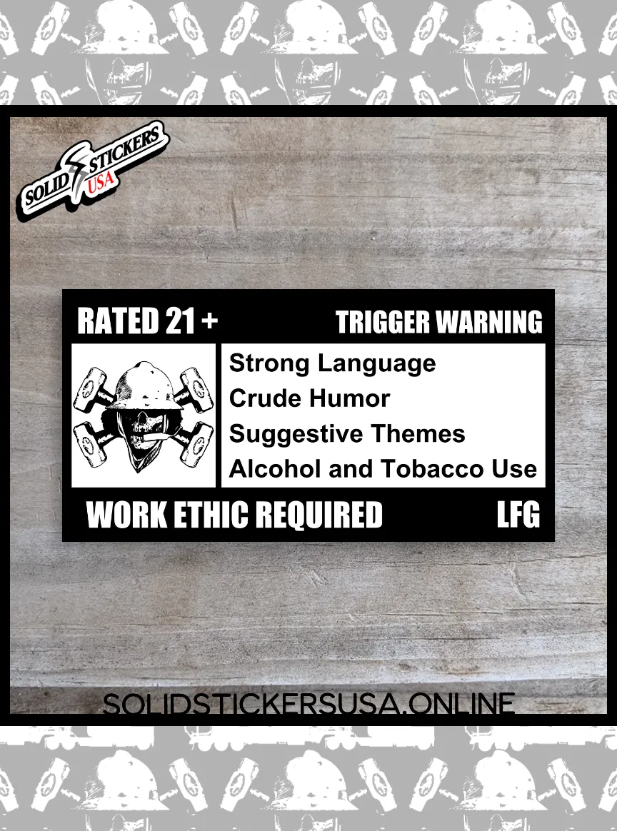 Skull &amp; Hammers Rated 21+ Trigger Warning Vinyl Sticker
