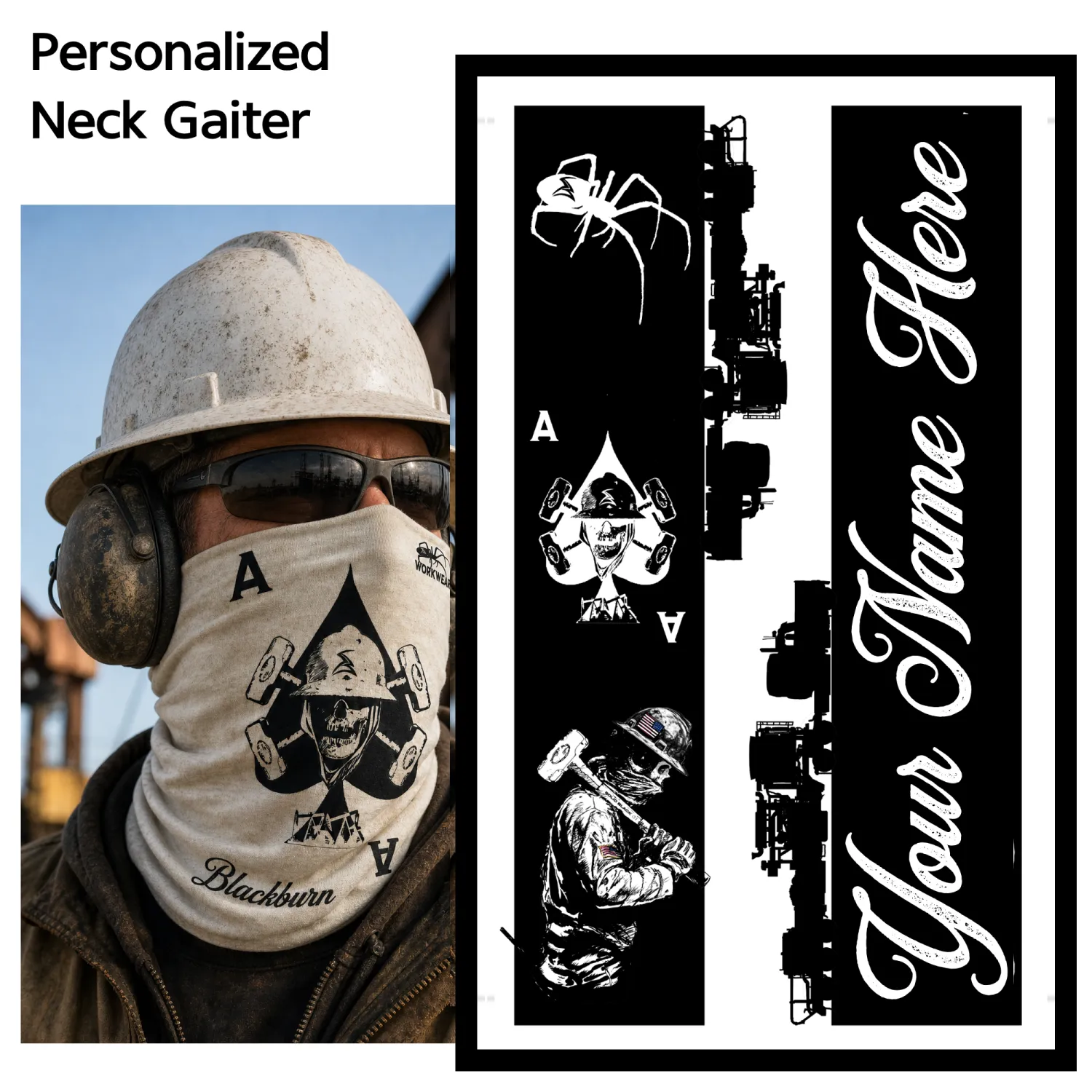 Personalized Oilfield Skull &amp; Hammers Ace of Spades Neck Gaiter