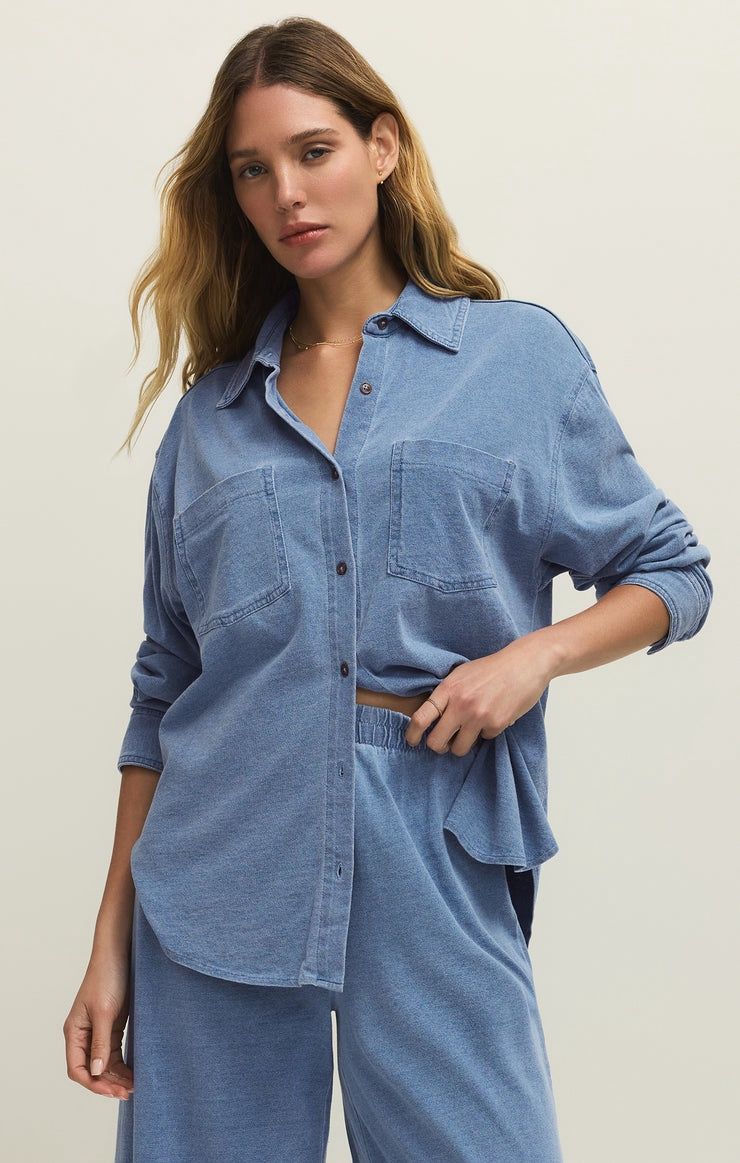 Reese Jersey Denim Button Up - Santorini