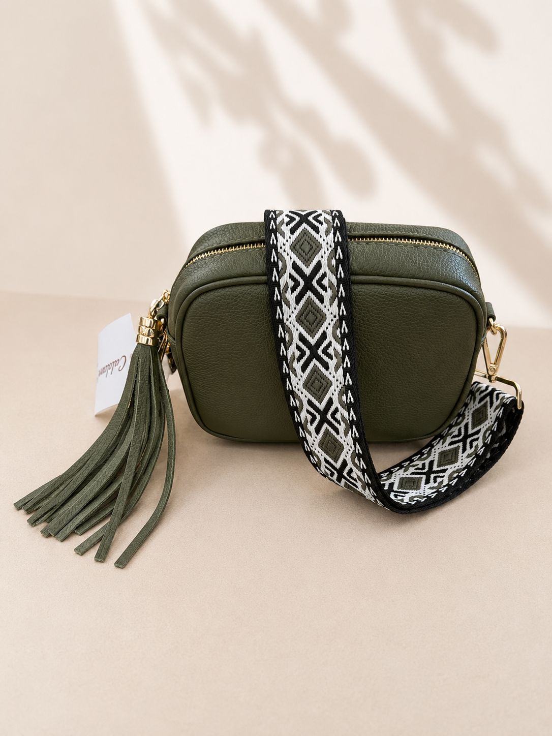 Cadenza Khaki Leather Bag & Fabric Geo Strap
