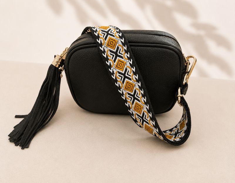 Cadenza Black Leather Bag & Fabric Geo Strap