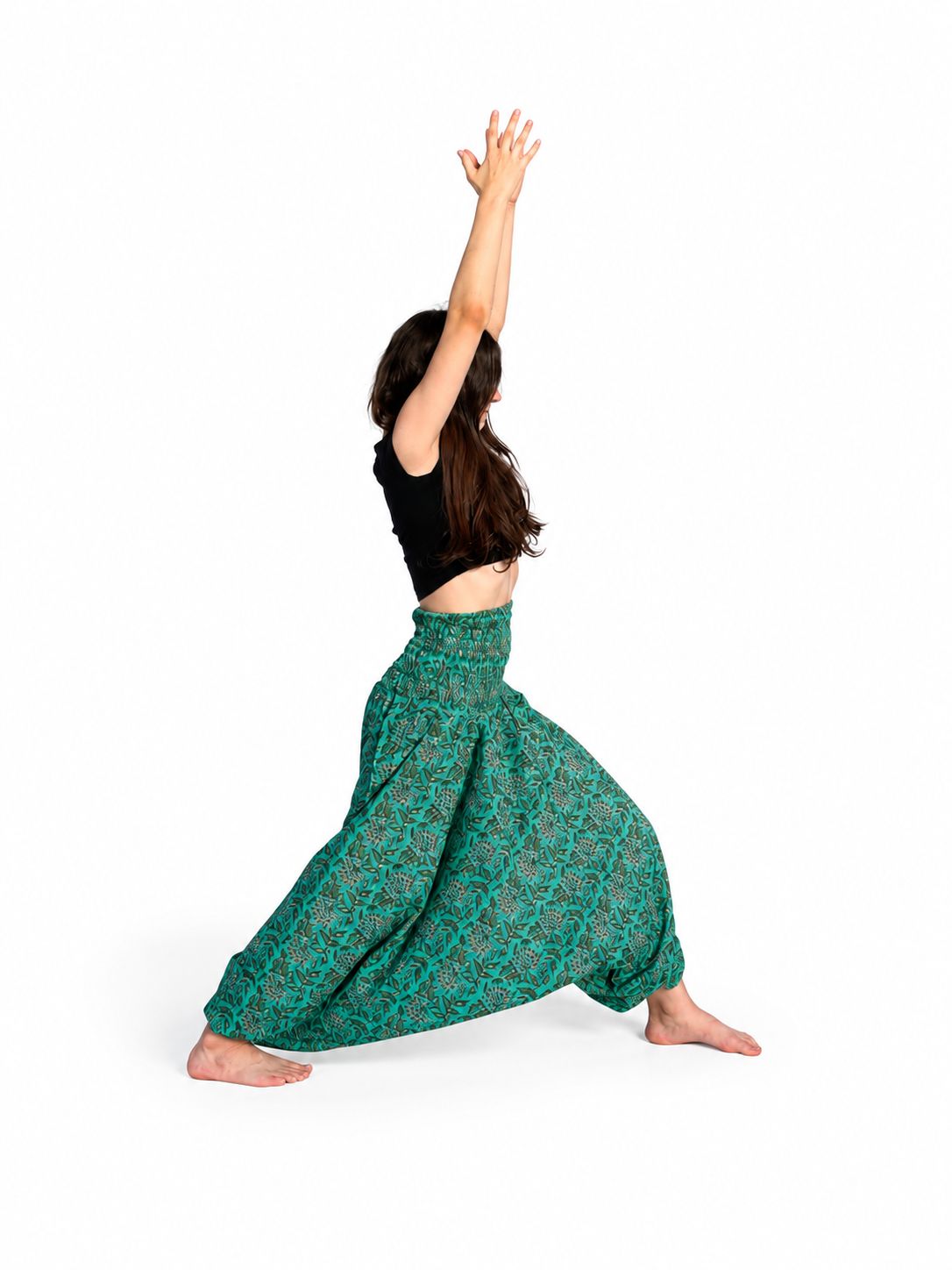 Patterned Block Print Organic Cotton Harems - Aqua Foliage Patterned Block Print Organic Cotton Harems - Aqua Foliage