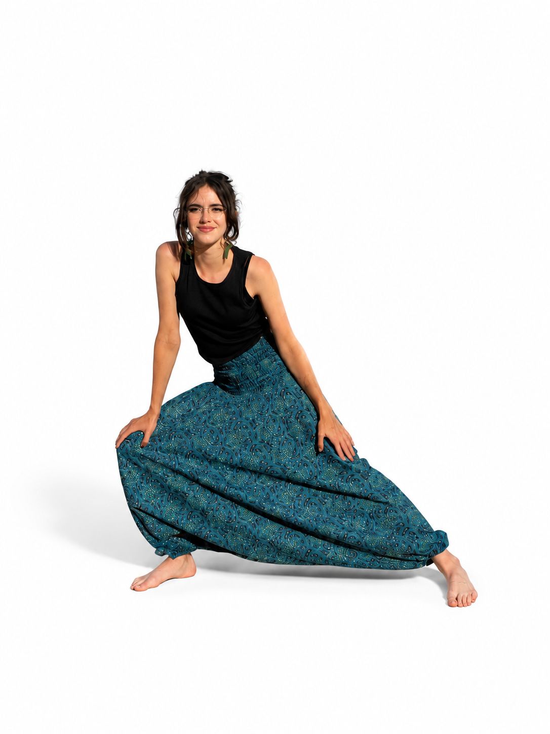 Patterned Block Print Organic Cotton Harems - Petrol Blue Foliage Patterned Block Print Organic Cotton Harems - Petrol Blue Foliage