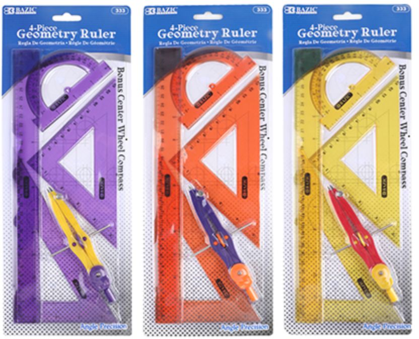 4-Piece Geometry Ruler Combination Sets w/ Center Wheel Compass (24/cs)