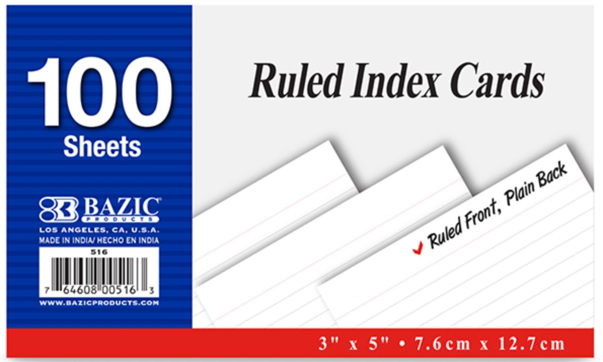 100 Ct. 3" X 5" Ruled White Index Card (36/cs)