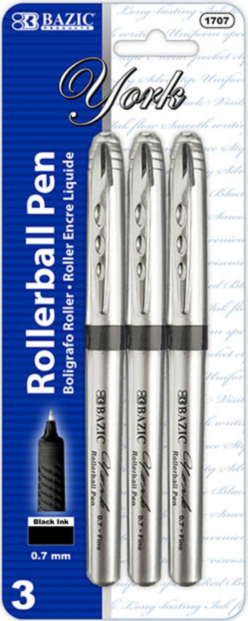 York Black Rollerball Pen w/ Grip 3/Pack (24/cs)