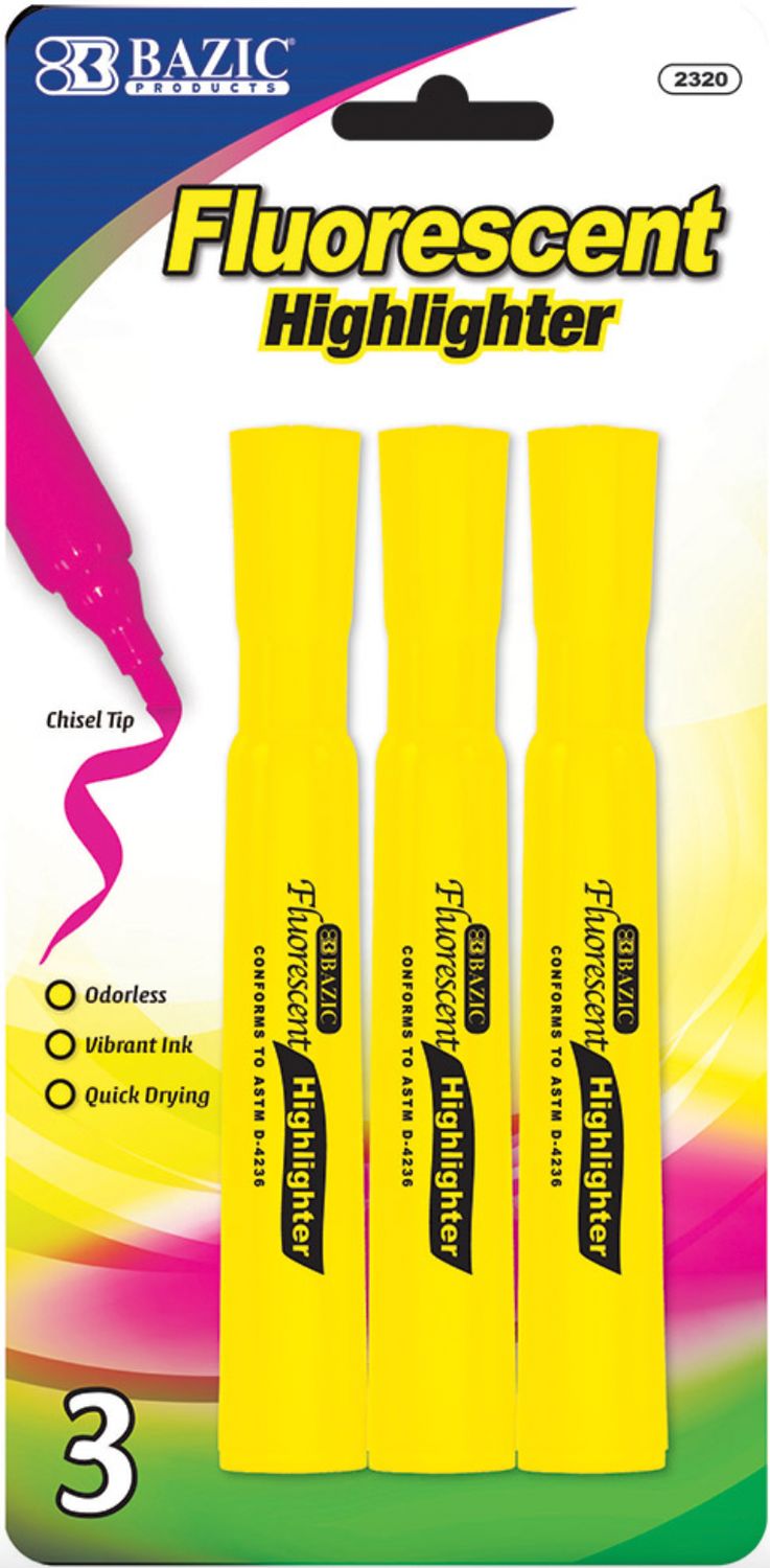 Yellow Desk Style Fluorescent Highlighters 3/Pack (24/cs)