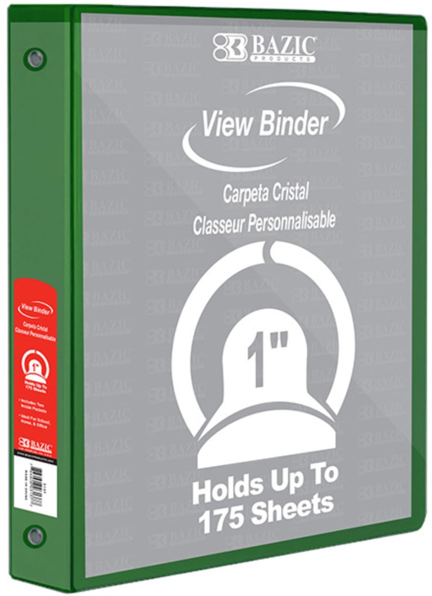 1" Green 3-Ring View Binder w/ 2-Pockets (12/cs)