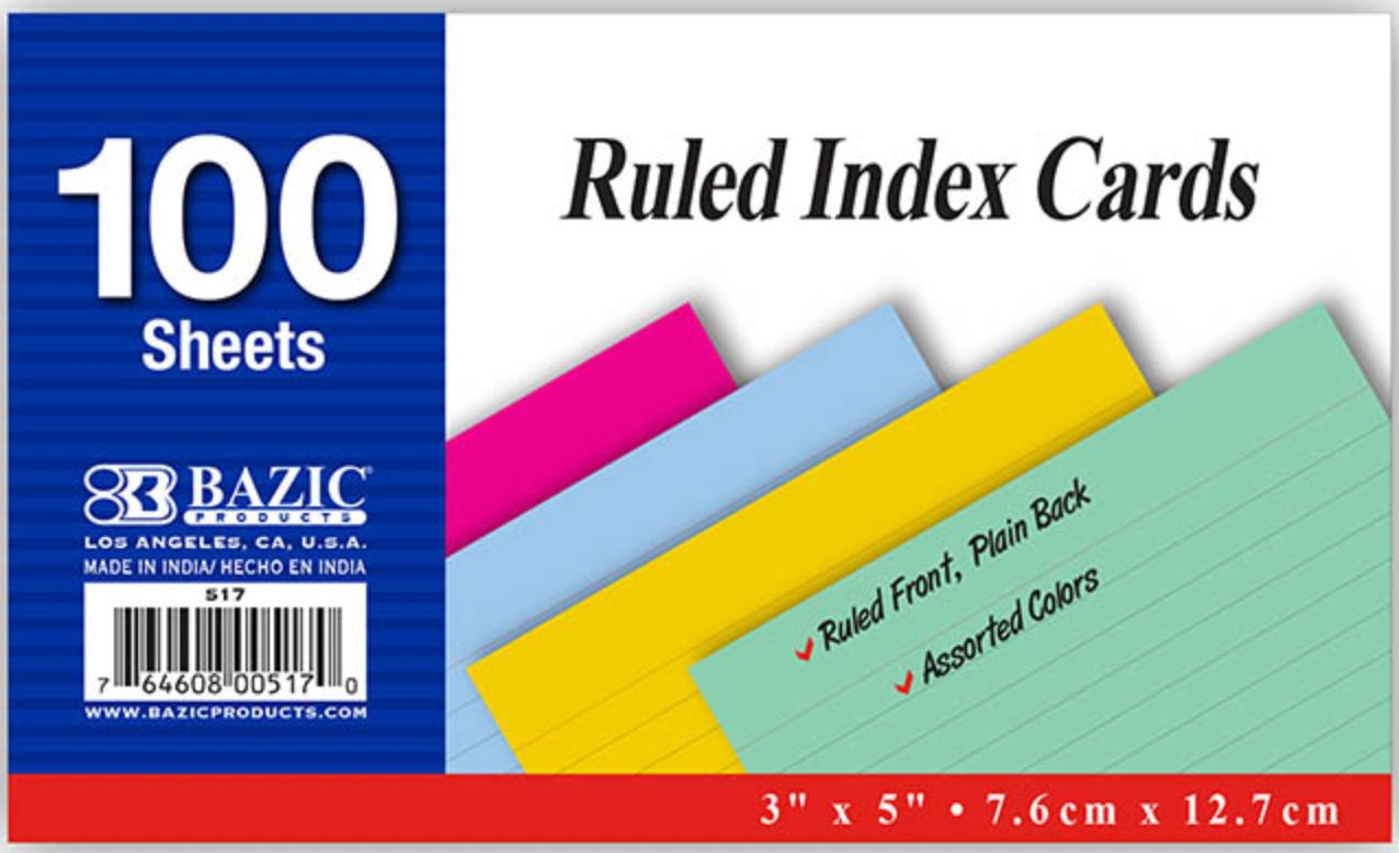 100 Ct. 3" X 5" Ruled Colored Index Card (36/cs)