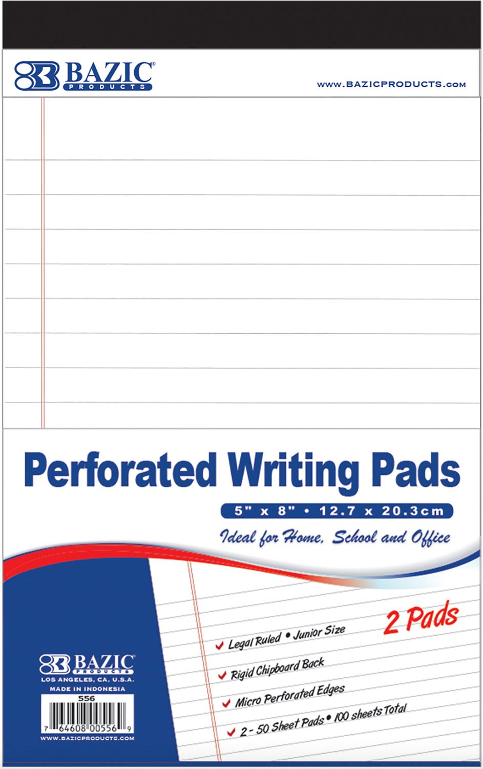50 Ct. 5" X 8" White Jr. Perforated Writing Pads 2/Pack (24/cs)