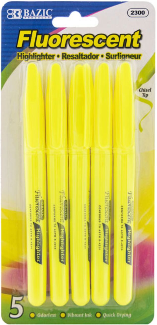 Yellow Pen Style Fluorescent Highlighters w/ Pocket Clip 5/Pack (24/cs)