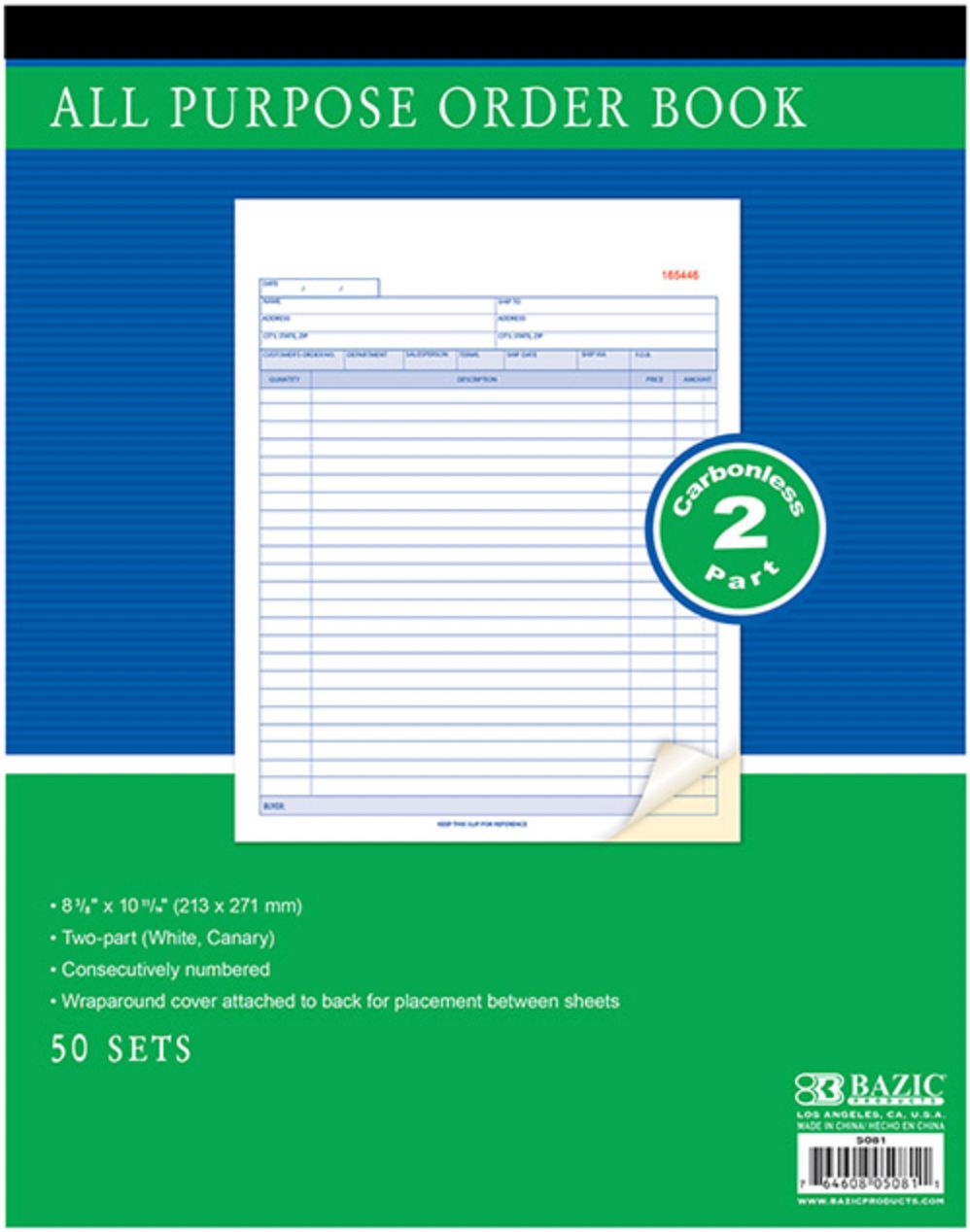 50 Sets 8 3/8" x 10 11/16" 2-Part Carbonless All Purpose Order Book (12/cs)