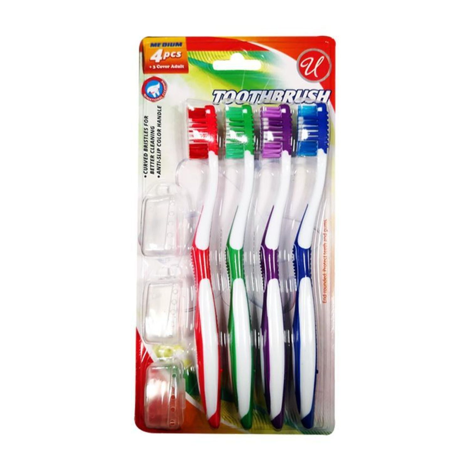 4 Pack Tooth Brush With Cap Medium {CN56171} (48/cs)