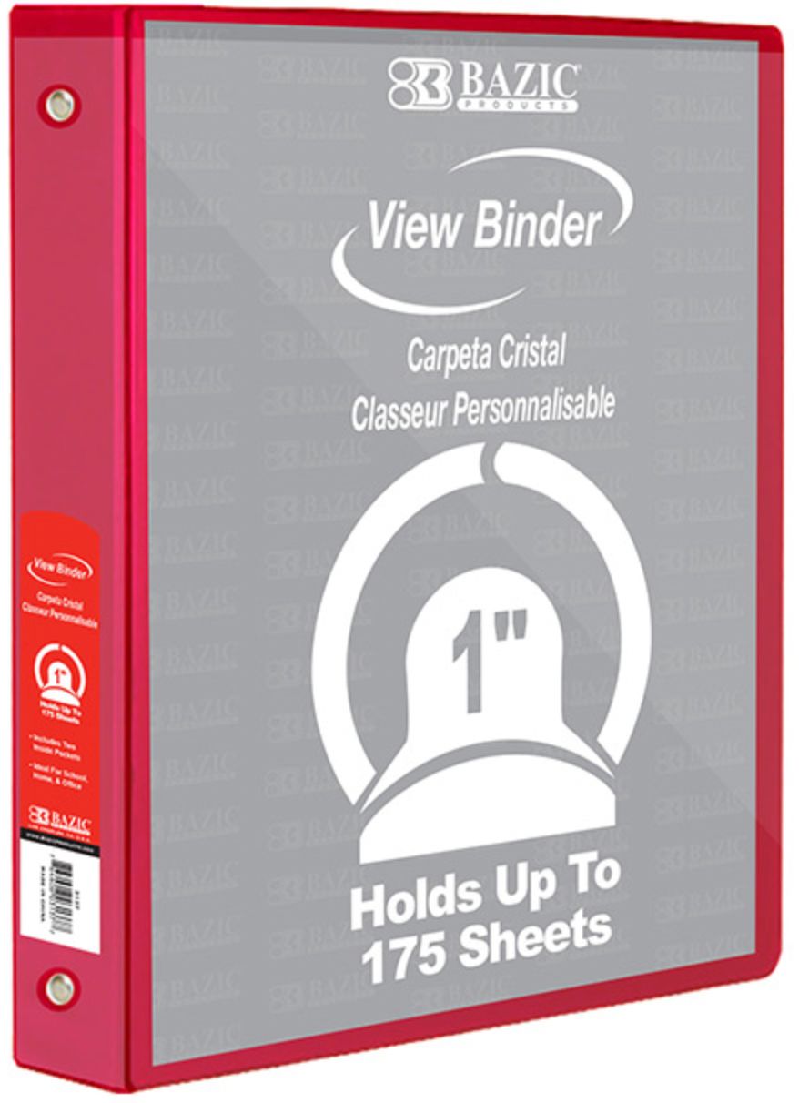 1" Red 3-Ring View Binder w/ 2-Pockets (12/cs)