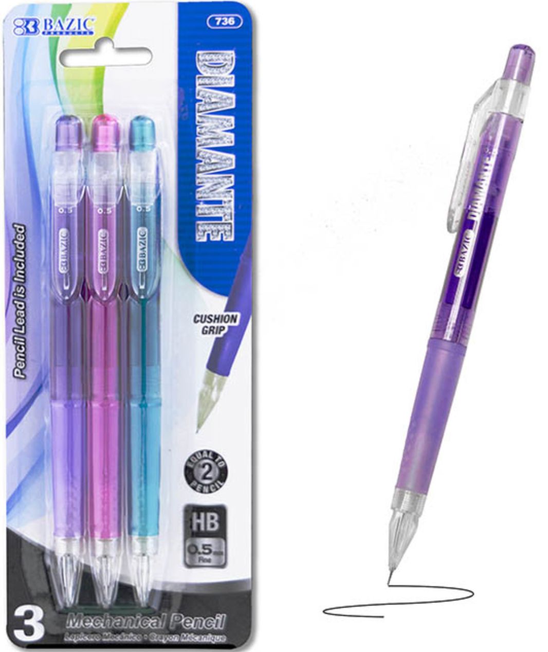 Diamante 0.5 mm Mechanical Pencil w/ Grip 3/Pack (24/cs)