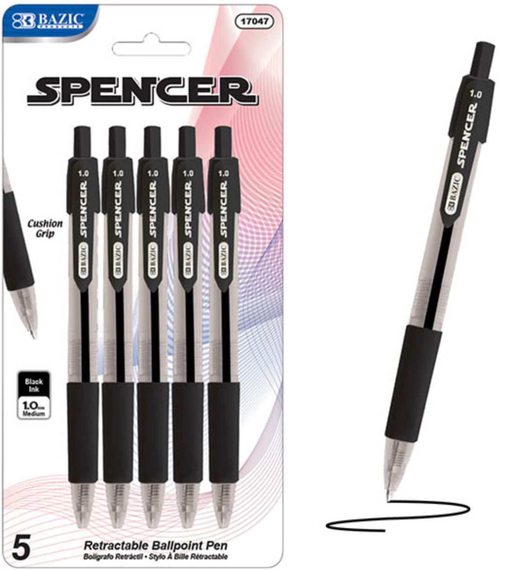 Spencer Black Retractable Pen w/ Cushion Grip 5/Pack (24/cs)