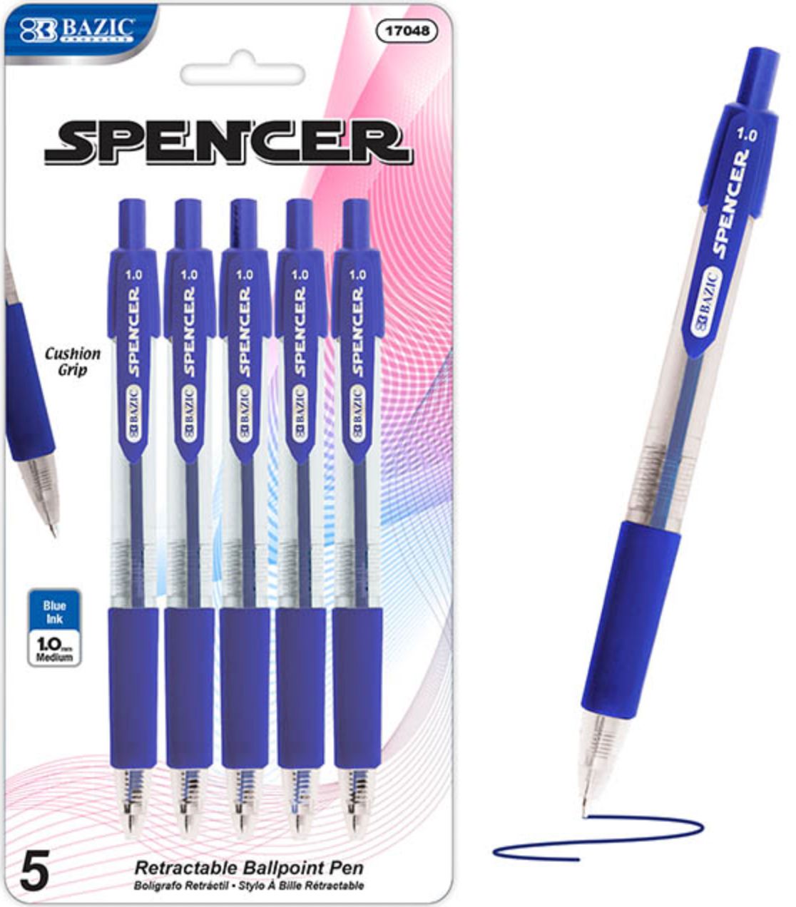 Spencer Blue Retractable Pen w/ Cushion Grip 5/Pack (24/cs)