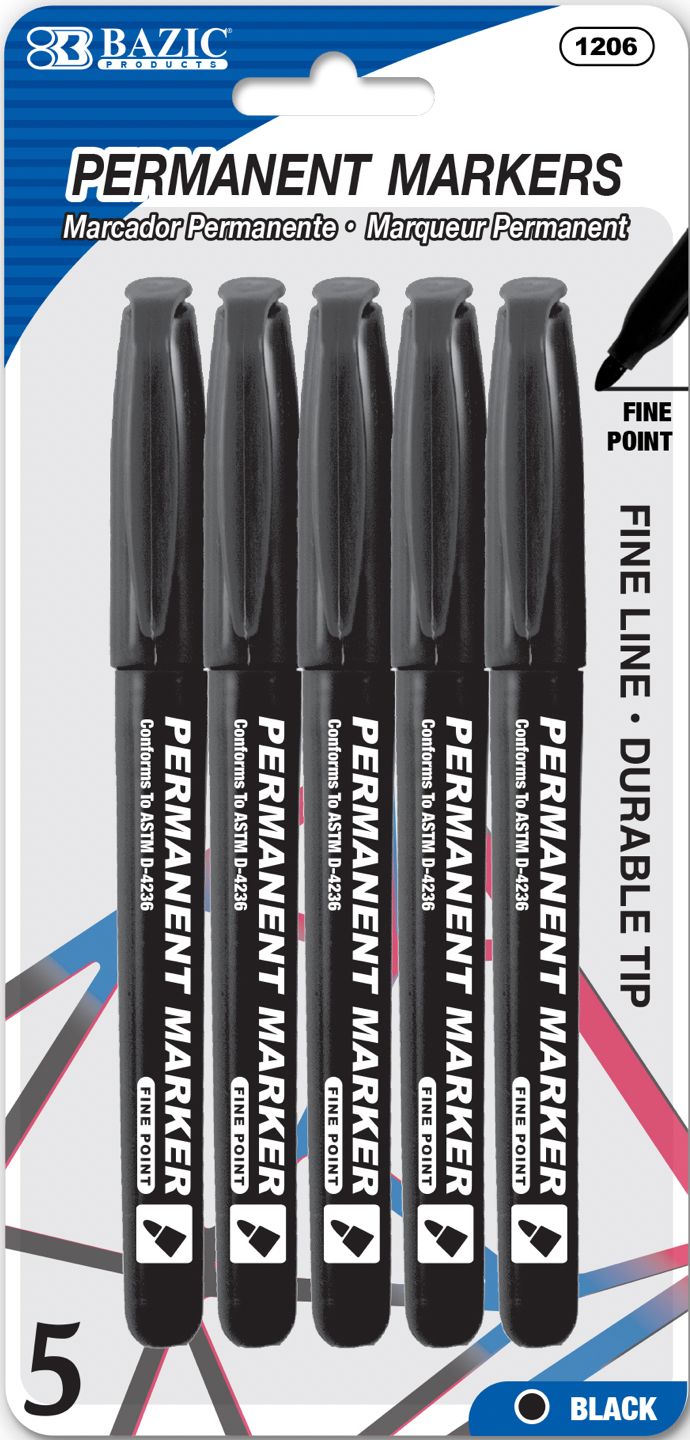 Black Fine Tip Permanent Markers w/ Pocket Clip 5/Pack (24/cs)