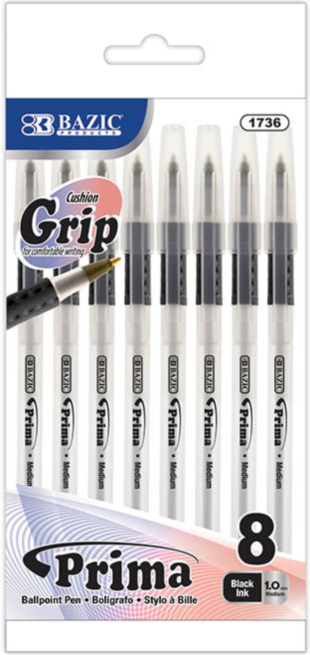 Prima Black Stick Pen w/ Cushion Grip 8/Pack (24/cs)