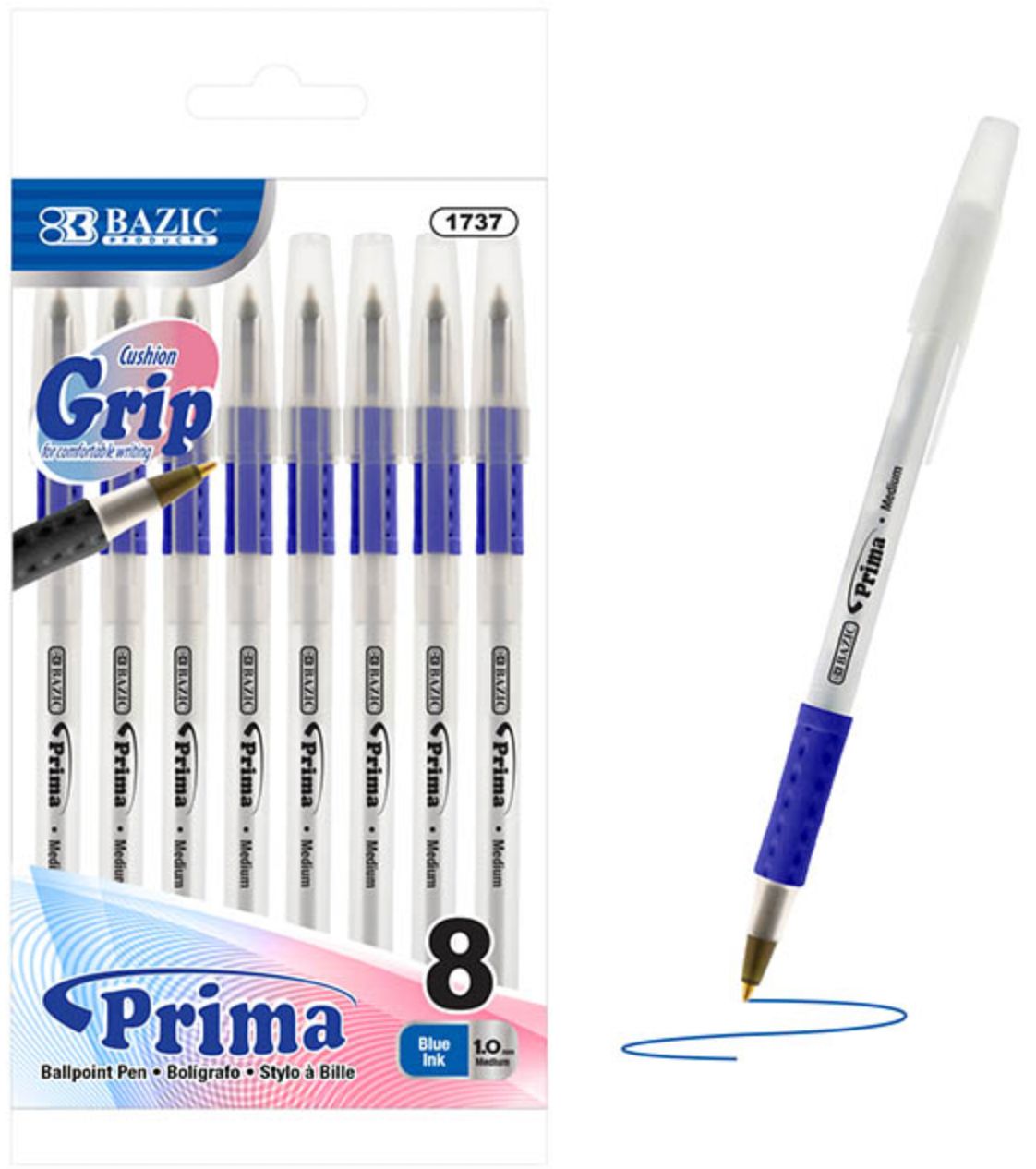 Prima Blue Stick Pen w/ Cushion Grip 8/Pack (24/cs)