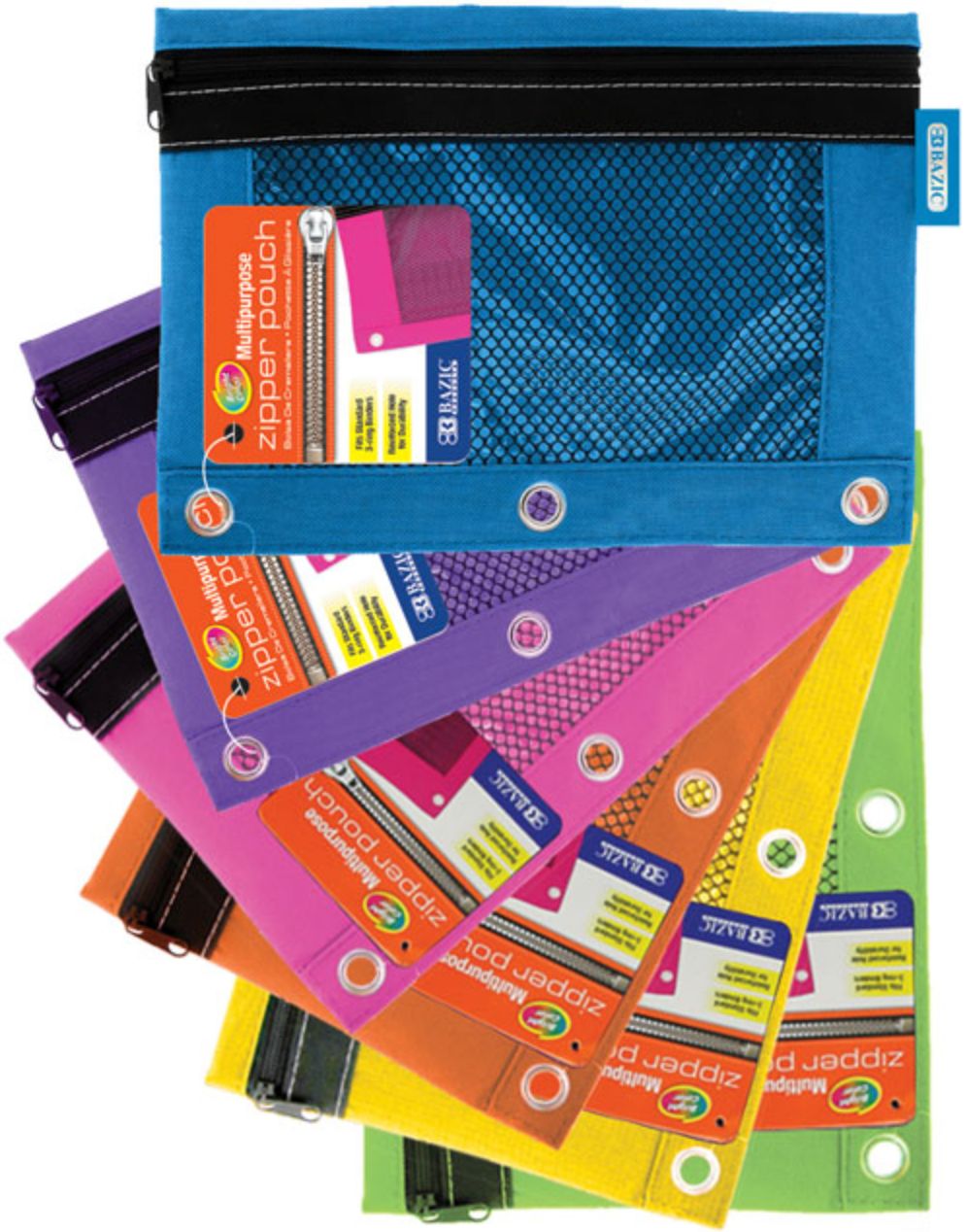 Bright Color 3-Ring Pencil Pouch w/ Mesh Window (24/cs)