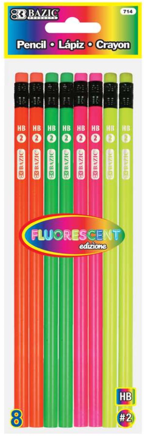 Fluorescent Wood Pencil w/ Eraser 8/pack (24/cs)