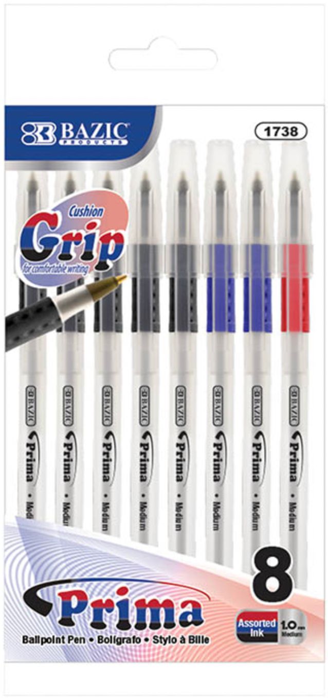 Prima Assorted Color Stick Pen w/ Cushion Grip 8/Pack (24/cs)