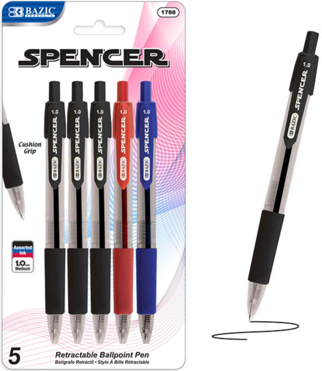 Spencer Asst. Color Retractable Pen w/ Cushion Grip 5/Pack (24/cs)