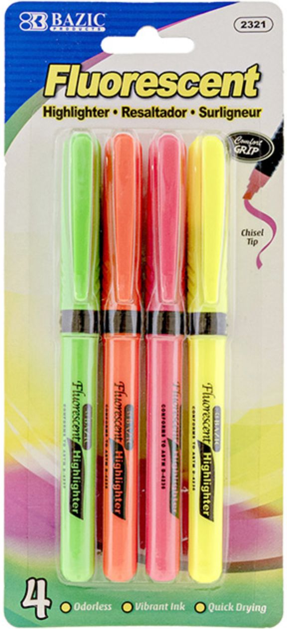 Pen Style Fluorescent Highlighters w/ Cushion Grip 4/Pack (24/cs)