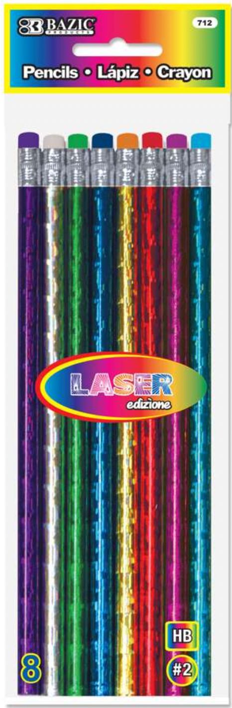 Metallic Laser Foil Wood Pencil w/ Eraser 8/Pack (24/cs)