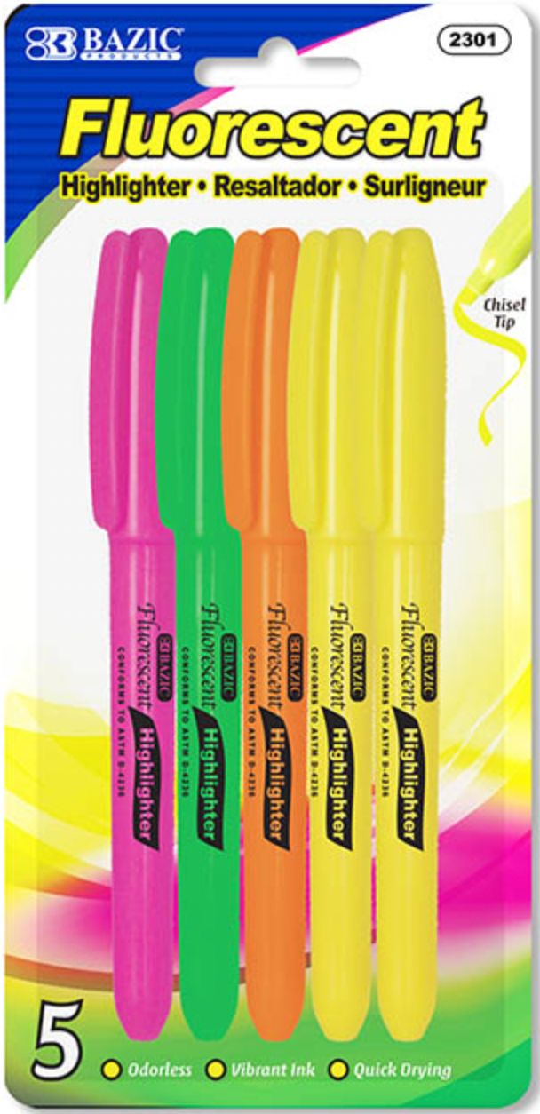 Pen Style Fluorescent Highlighters w/ Pocket Clip 5/Pack (24/cs)