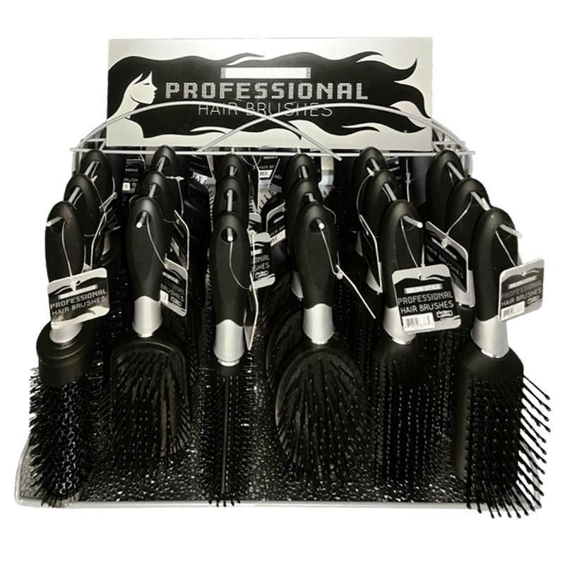 HAIR BRUSH BLACK/SILVER W/METAL STAND ASST-36