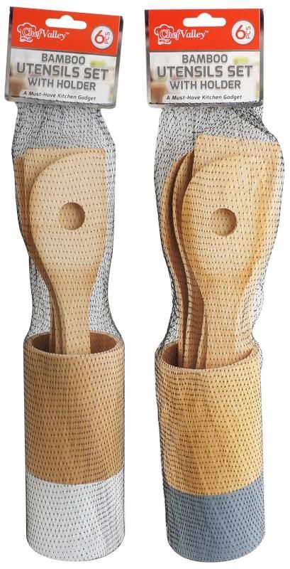 6 Pcs Bamboo Utensils Set W/ Holder {CH12019} (24/cs)