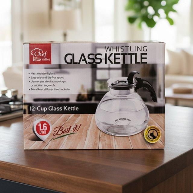 1.6L 12Cups Glass Kettle W/Stove Top {CH26887} (8/cs)