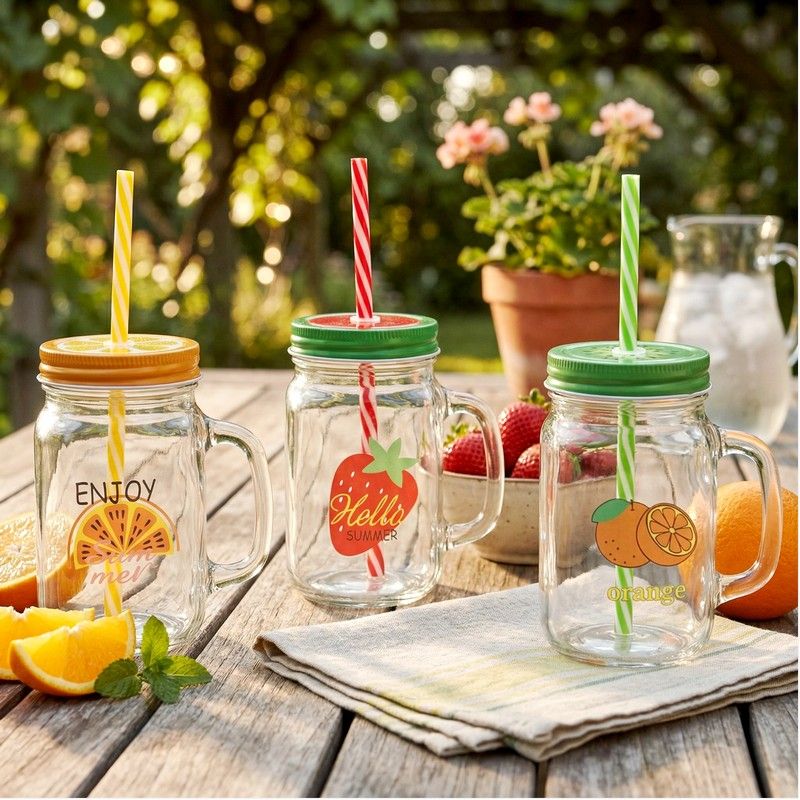 450Ml Glass Mason Jar With Straw Printed {CH88271} (48/cs)
