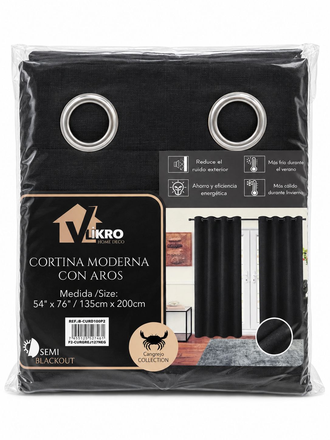 Black 2-Piece Living Room Curtain Set 54" x 76" {F2CURGREJ127NEG}