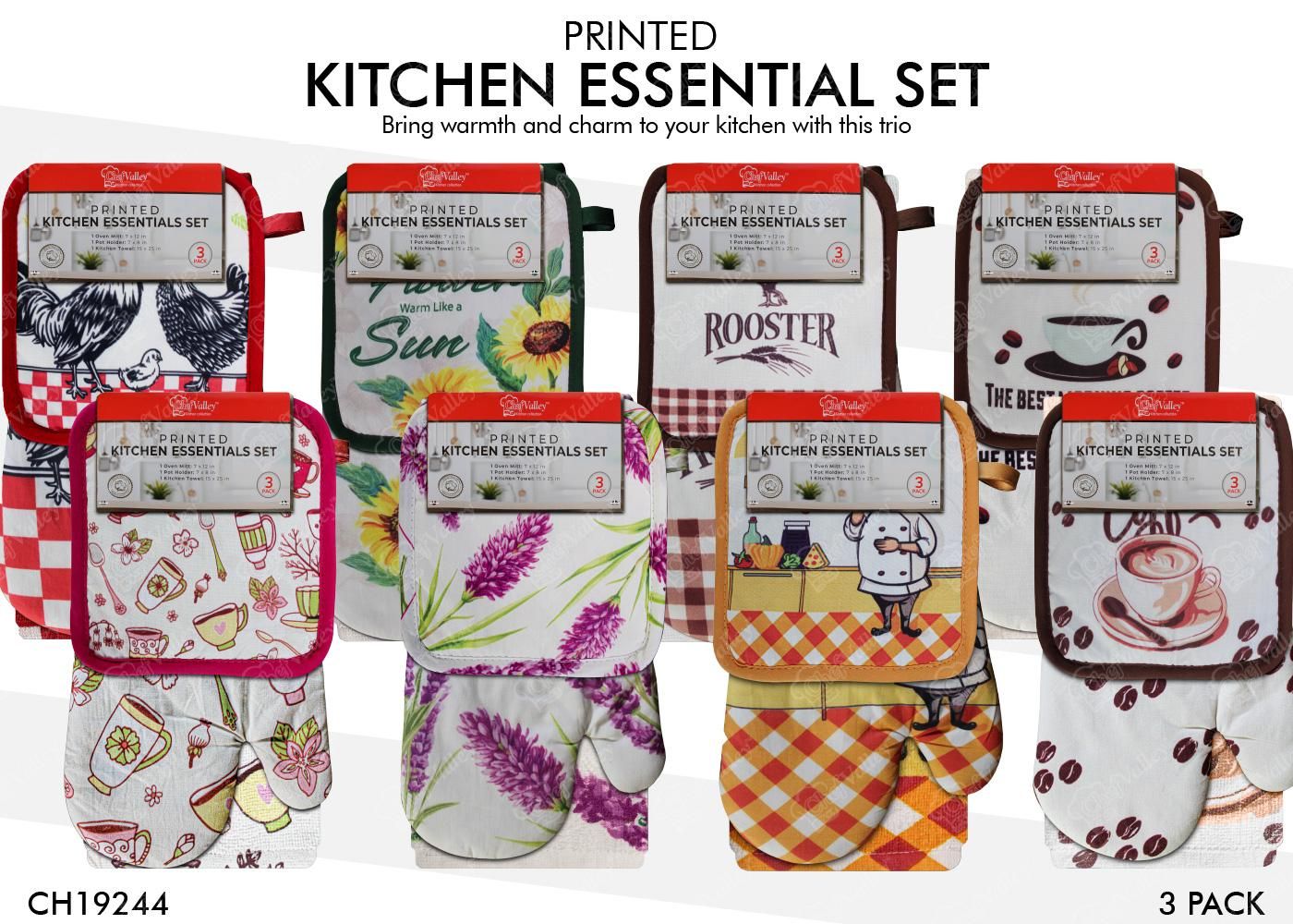 3Pcs Set Printed Oven Mitt With Pot Holder &amp; Kitchen Towel {CH19244} (48/cs)