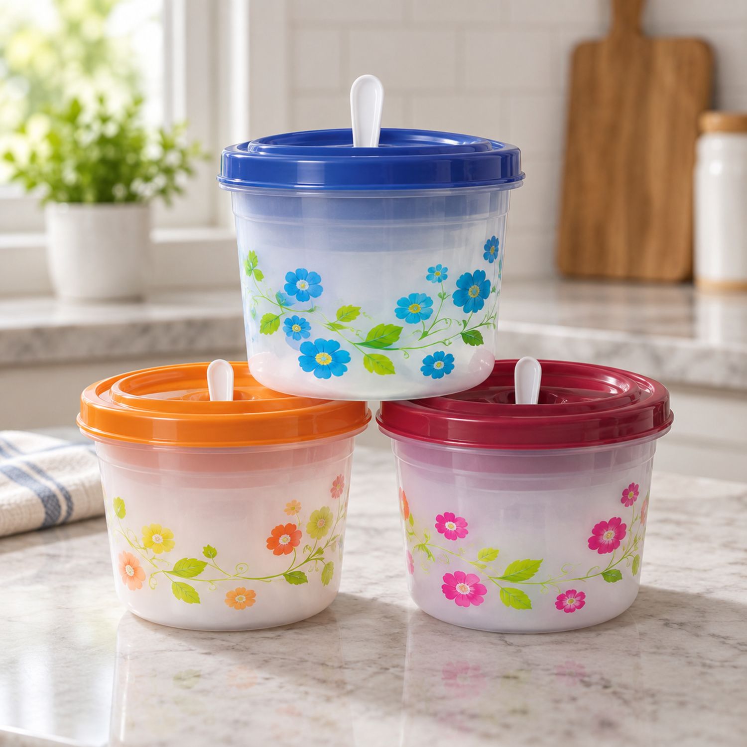 7Pcs Set Bloom Plastic Containers w/spoon {9022-7PC} (36/cs)